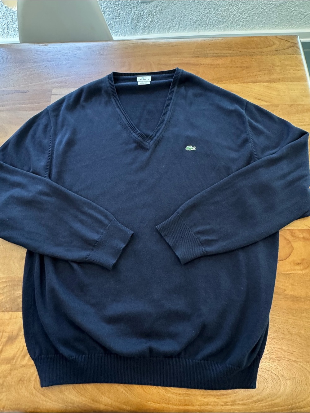 Lacoste Men's Dark Navy V-Neck Cotton Sweater with Green Crocodile Logo
